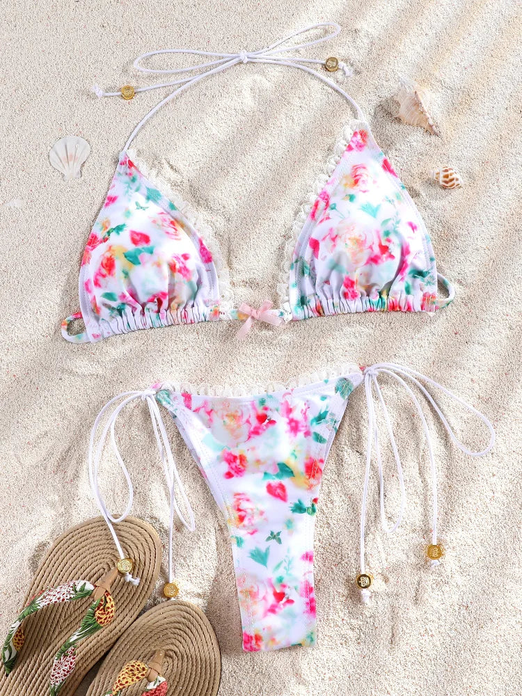 Bikini Femme 2 Pièces Imprimé Floral Micro Tanga Bandage Sexy – Maillot de Bain Été & Plage | 2026