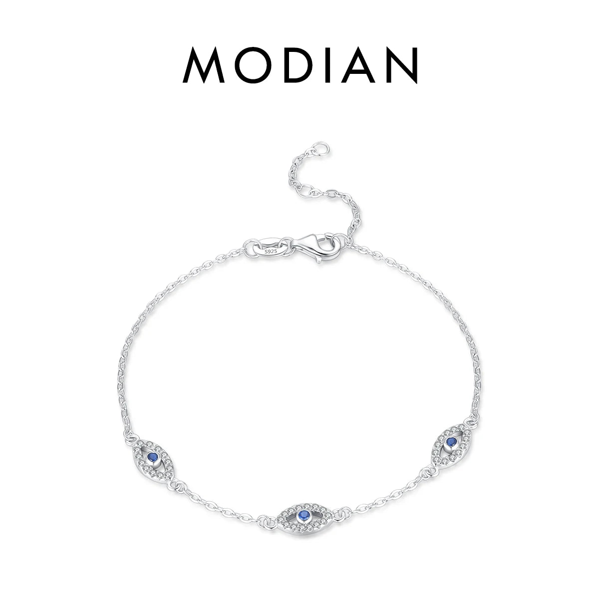 Bracelet Argent 925 Pur MODIAN Luxe – Yeux Turquoise Bleu & Zircon Cubique Cristal Transparent | Bijou Fin Femme Chaîne Maille Élégante & Hypoallergénique