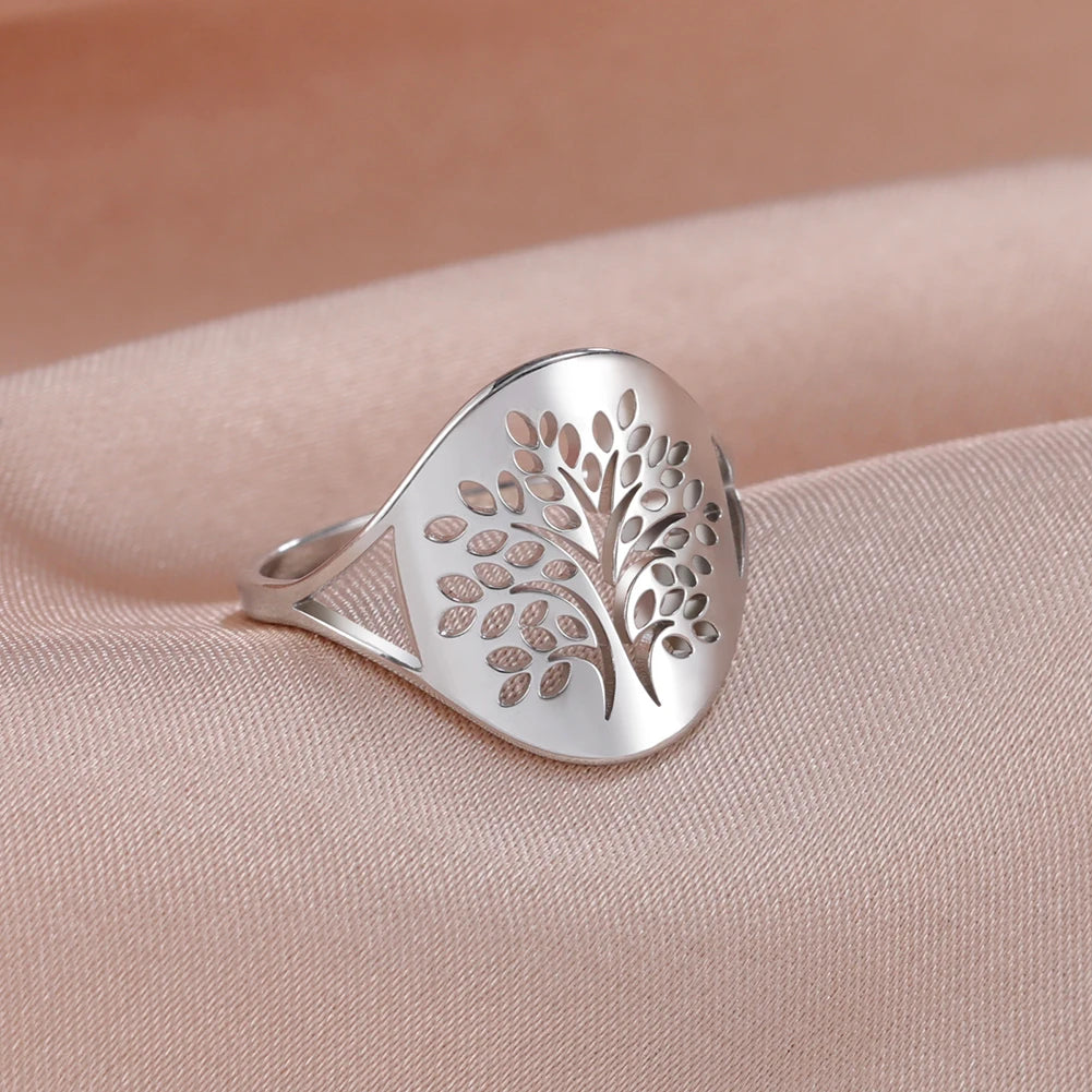 Bague Arbre de Vie Acier Inoxydable Argenté – Symbole Nature & Spiritualité | Bijou Unisexe Couple & Mariage | Cadeau Intemporel