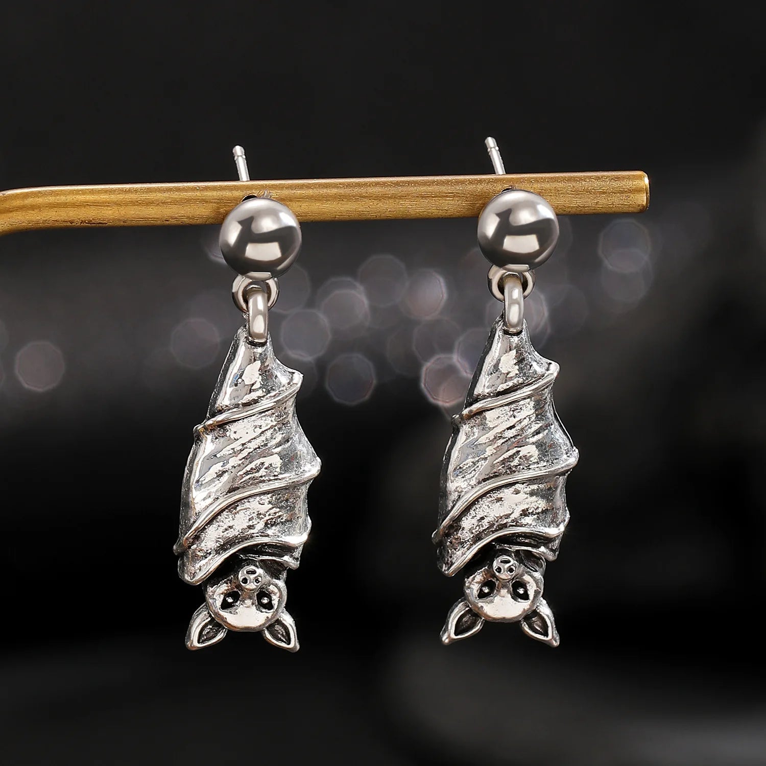 Boucles d'Oreilles Chauve-Souris Gothic Halloween Femme – Noir Or Argent Pendantes Bijou