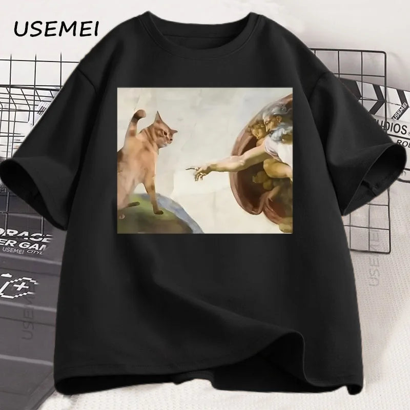 T-Shirt Unisexe Humour Chat Dieu Création d'Adam Meme Jésus Coton Vintage Manches Courtes Col Rond – Streetwear Meme Culte | Mode Casual