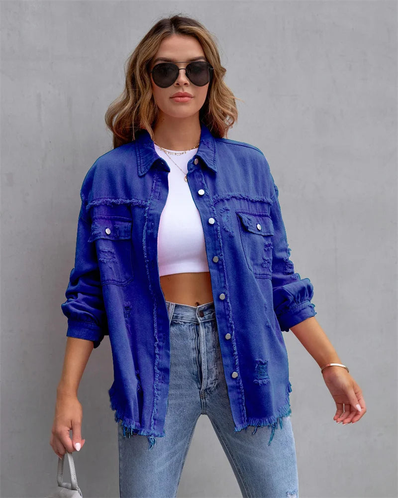 Veste en Jean Femme Bords Bruts Troués – Style Chemise Casual | Printemps Automne Tendance 2025