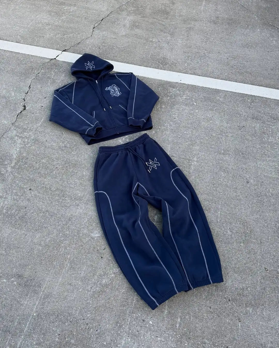 Ensemble 2 Pièces Y2K Américain Unisexe – Sweat Capuche Zip Oversize Broderie Hip Hop + Jogging Casual Homme & Femme | Streetwear