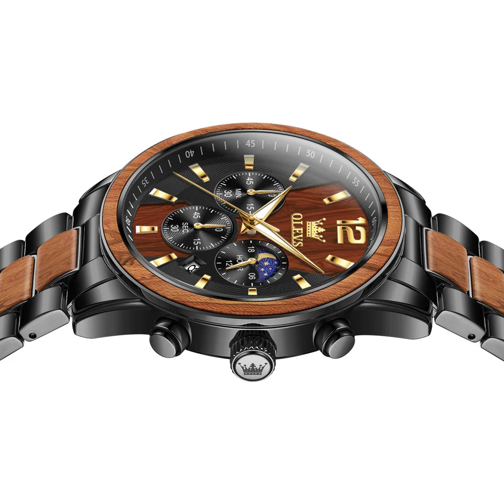 Montre Homme OLEVS Luxe Quartz – Bracelet Acier & Bois Santal Rouge Lumineux Étanche Calendrier