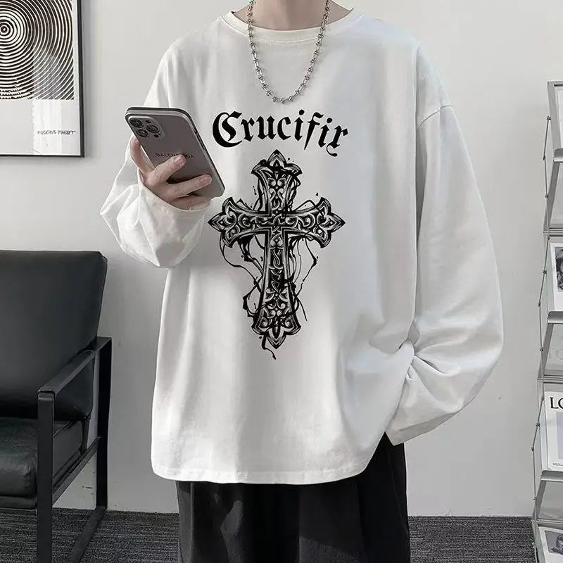 T-Shirt Homme Oversize Manches Longues Croix d'Épines Dark Hip-Hop Y2K Gothic Streetwear Été Tendance – Tee Graphique Dark Aesthetic Unisexe | Mode Streetwear Premium
