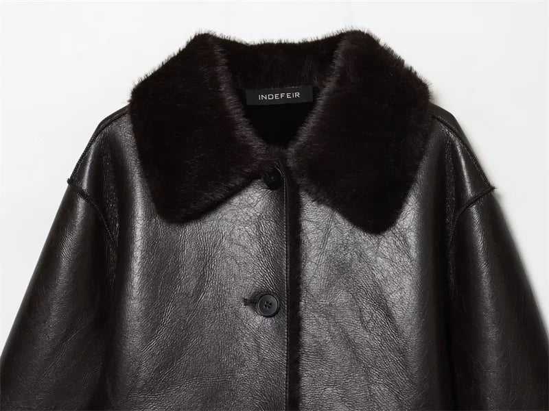 Veste Femme Cuir Synthétique Réversible Marron 2025 – Manches Longues Automne Hiver Unique