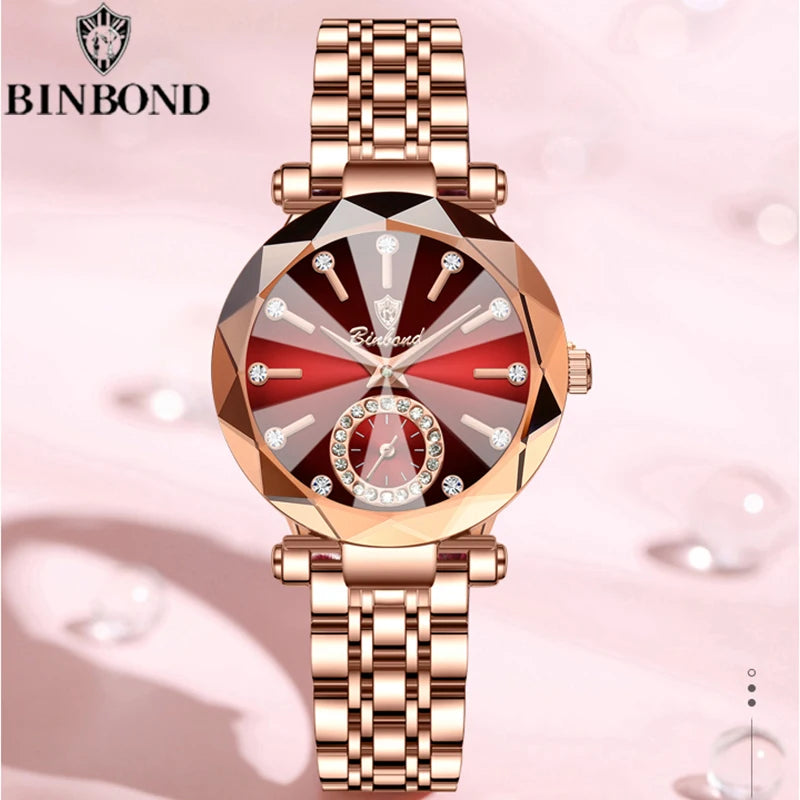Montre Femme Luxe BINBOND Diamant Cœur de l'Océan Quartz – Lumineuse Étanche Élégante
