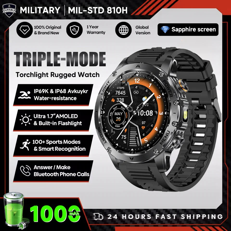 Smartwatch Militaire Homme GPS NFC 3ATM – Montre Connectée Bluetooth 1.7" HD 1000mAh Étanche
