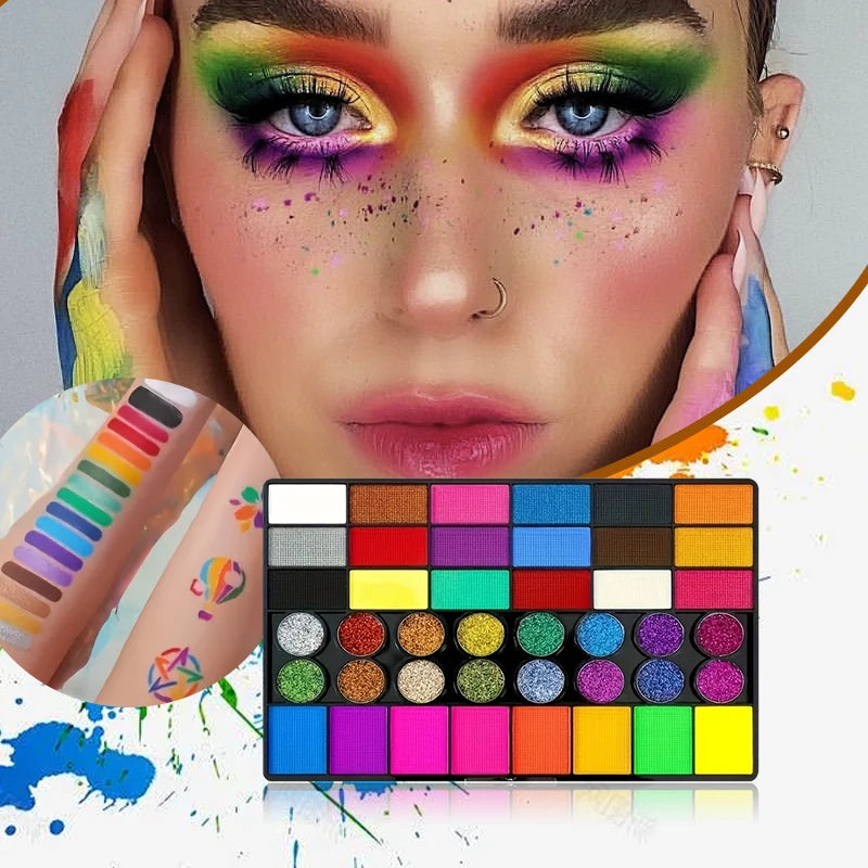 Kit Maquillage Artistique 42 Couleurs – Peinture Visage & Corps UV Néon Fluorescent | Festival Halloween Glitter