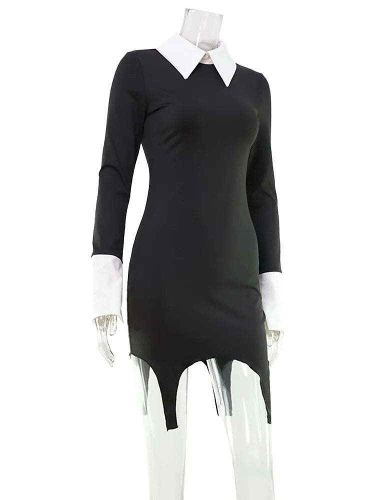Robe Femme Fourreau Bodycon Manches Longues Col Revers Bicolore Sexy – Tenue Club Élégante | CNYISHE