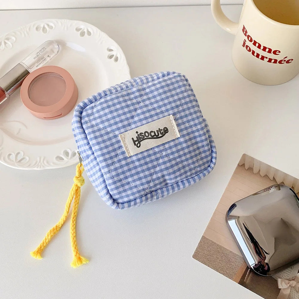 Mini Pochette Vichy Zippée – Trousse Cosmétique Porte-Monnaie Serviettes Hygiéniques Organiseur Cadeau