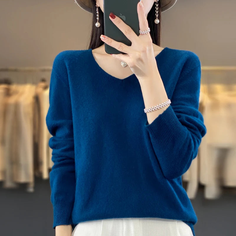 Pull Cachemire 100% Laine Col V Femme - Tricot Casual Korean Fashion Automne Hiver