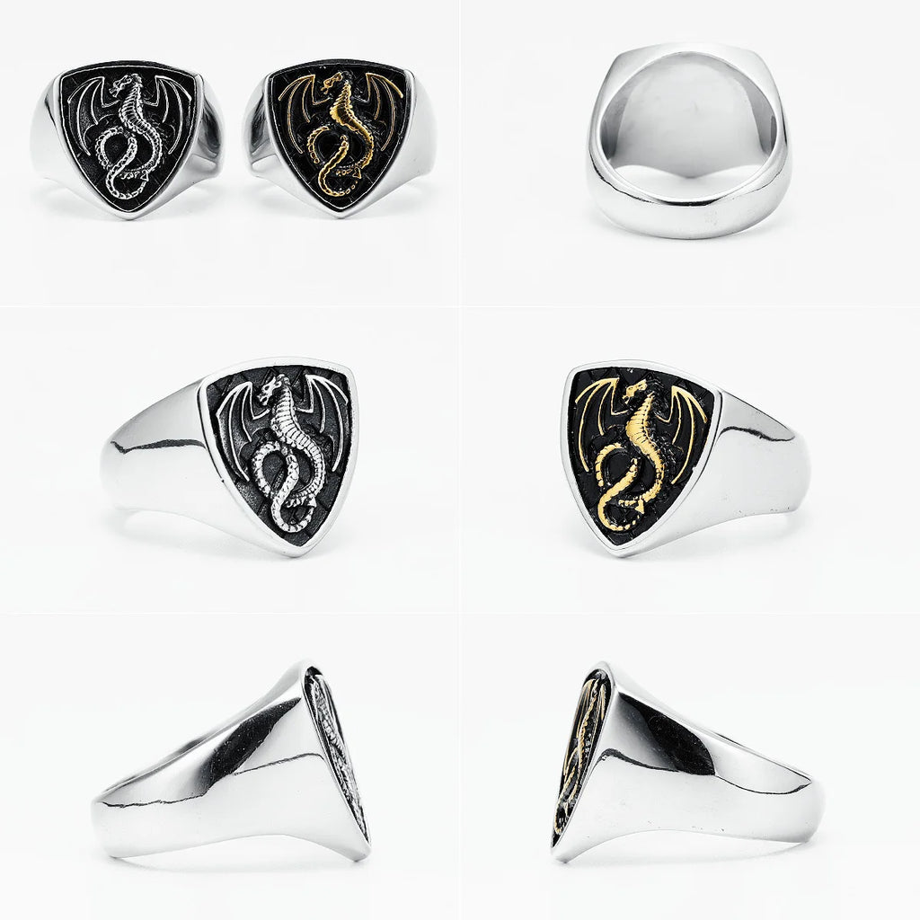 Bague Dragon Bouclier Acier 316L Homme — Style Rock Punk Viking Biker Retro