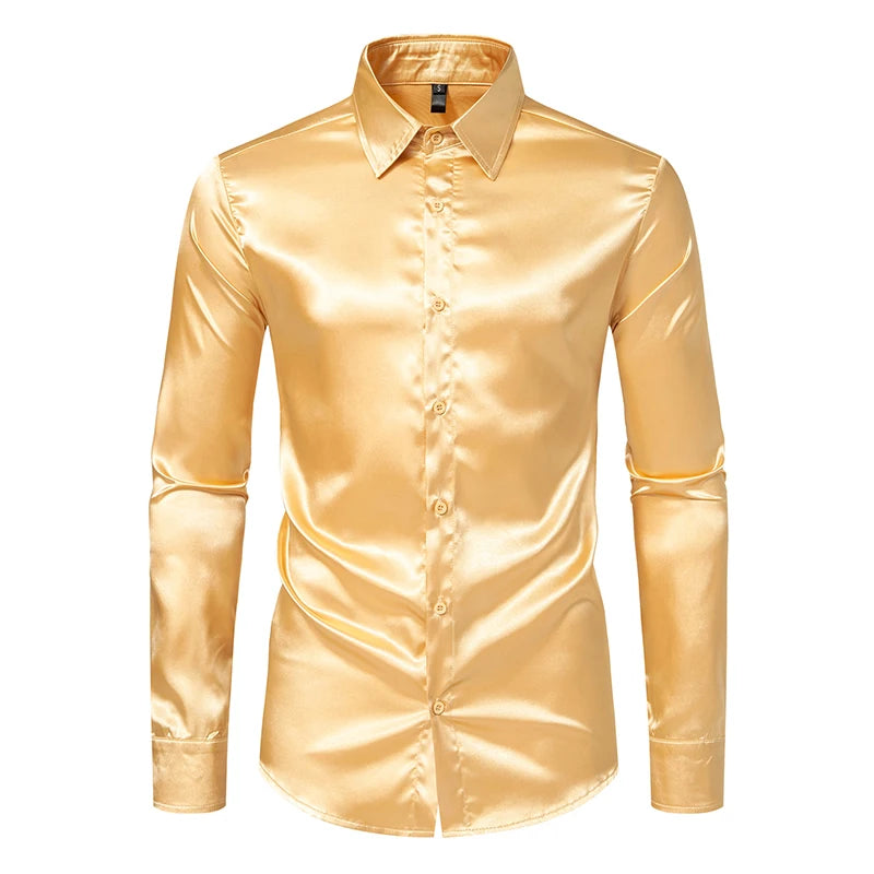 Chemise Homme Satin Noir Luxe Soie Lisse Tuxedo Mariage Soirée Prom Casual Business Bureau Élégante Couleur Unie Premium – Chemise Satin Luxe Cérémonie | Mode Homme Luxe Cérémonie Premium