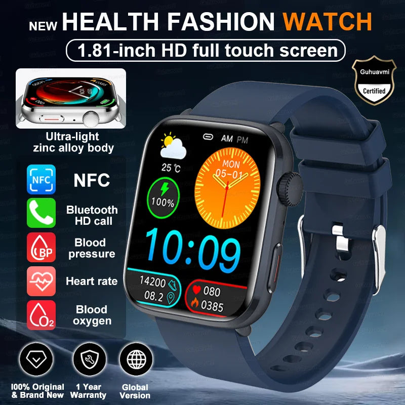 Smartwatch 2025 Unisex Gesundheit NFC Bluetooth – Blutdruck Sauerstoff Sport Anrufe | Herren & Damen