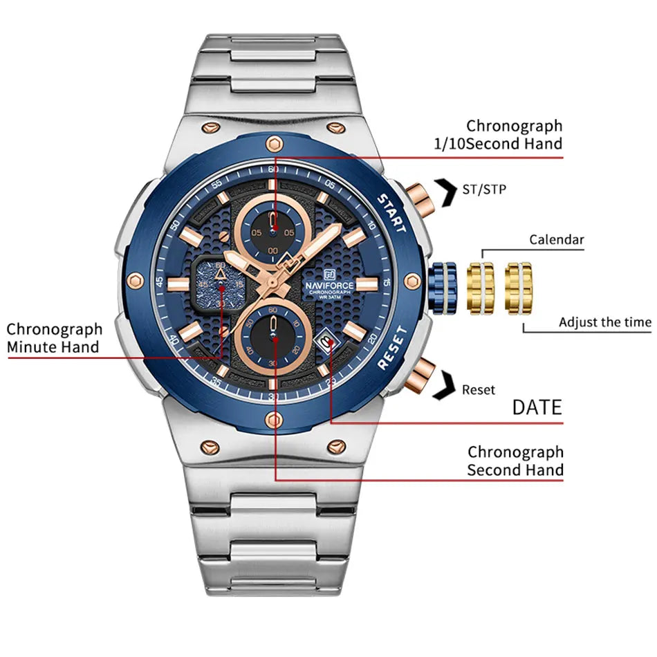 Montre Homme Chronographe Sport Luxe NAVIFORCE – Quartz Date Fashion Masculino