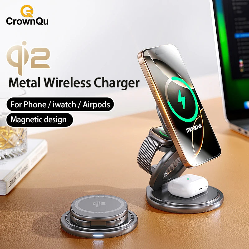 Chargeur Qi2 15W 360° Rotatif Pliable – iPhone 12-17 Pro Max Apple Watch AirPods