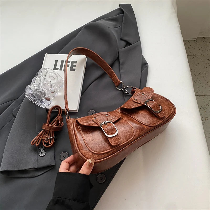 Sac Épaule Femme Cuir PU Double Poches Tendance 2025 – Sac Crossbody Underarm Chic