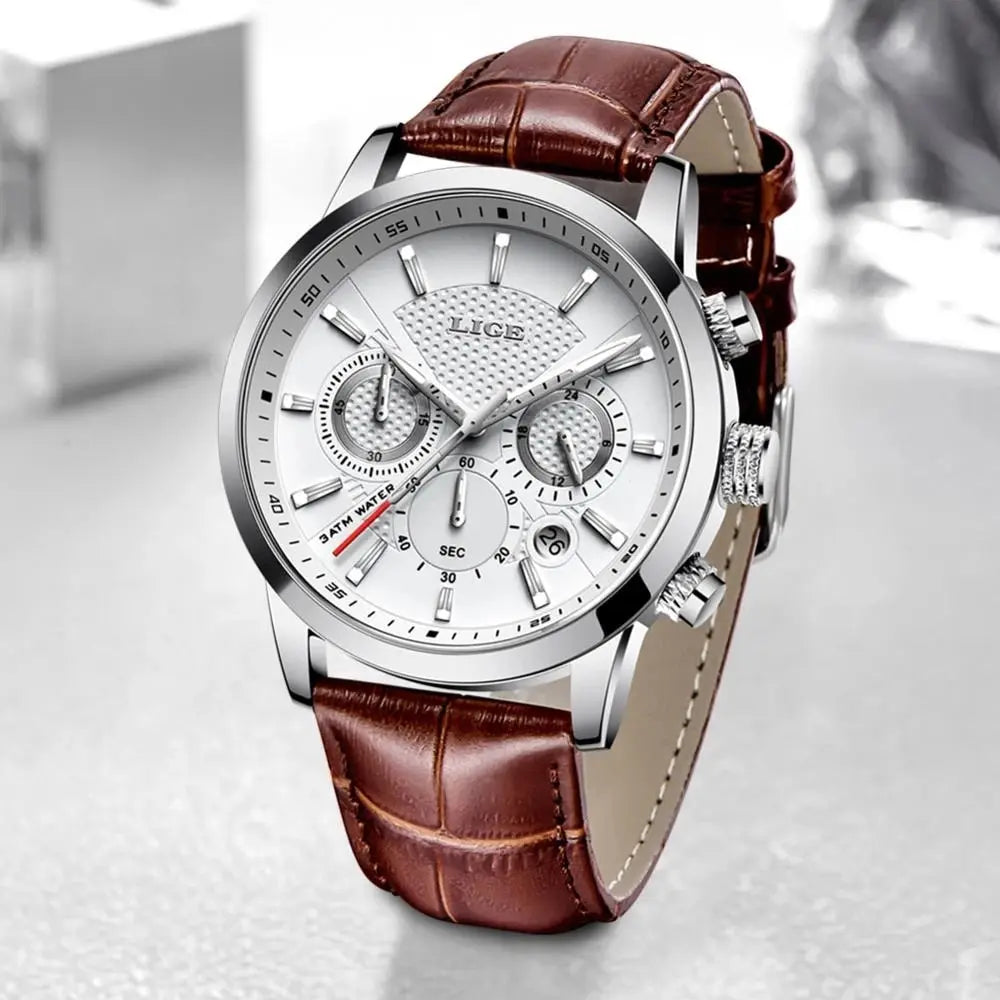 Montre Homme Luxe LIGE Chronographe Quartz Cuir – Business Sport Étanche Date 2025