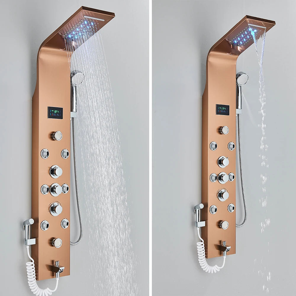 Panneau Douche LED 6 Modes Intelligent – Colonne LCD Rose Gold | Pluie, Cascade, Jets Massage & Robinet Mitigeur