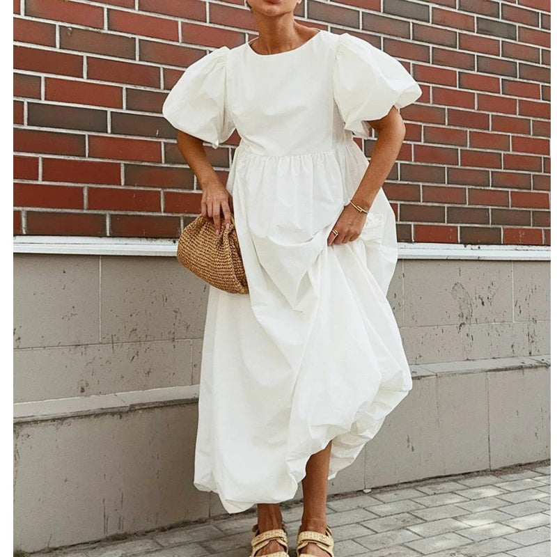 Robe Maxi Femme Boho Blanche Manches Bouffantes Taille Haute Ample Coton – Longue Été Bohème