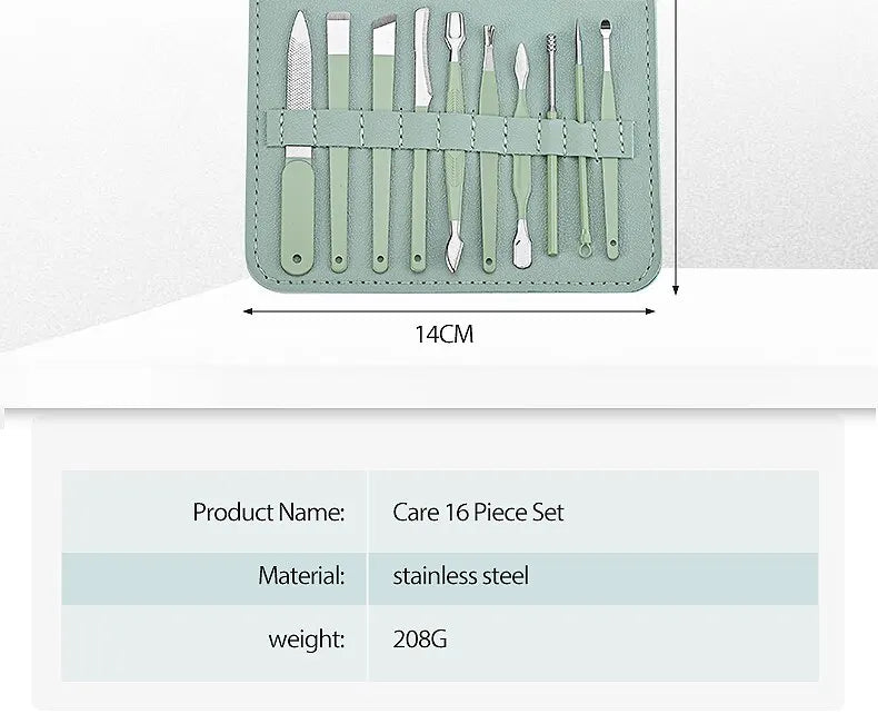 Kit Manucure 16 Pièces Inox – Coupe-Ongles, Ciseaux & Accessoires | Pochette Pliable | Soin Ongles Professionnel