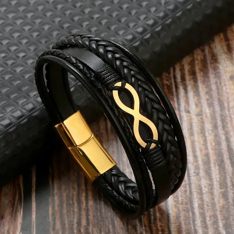 Bracelet Cuir Multi-Rangs Symbole Infini Acier Inoxydable Homme – Style Punk & Biker Authentique | Bijou Homme Streetwear Cadeau Mode Premium