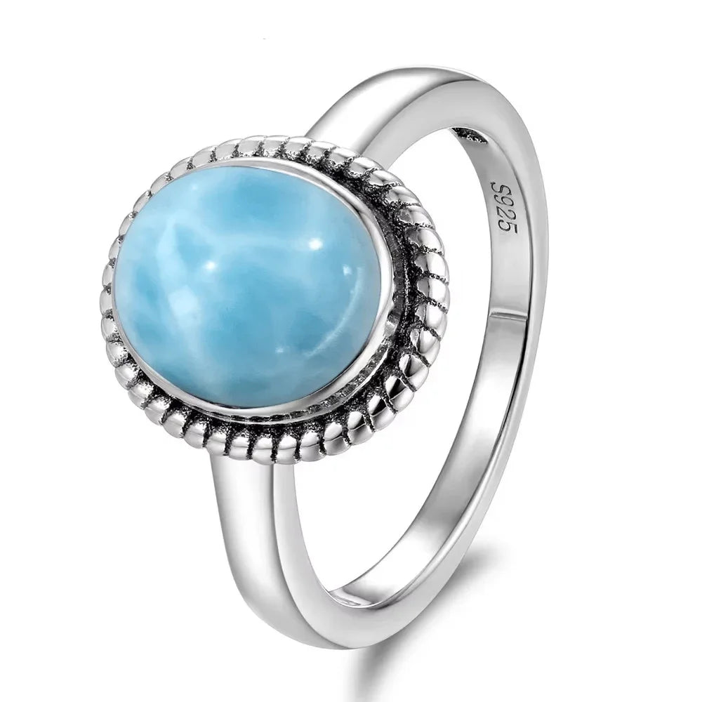 Bague Argent 925 Pierre Larimar Naturelle Vintage – Forme Fleur Ronde Bleu Ciel & Eau de Mer | Bijou Fin Unisexe Pierre Rare des Caraïbes & Cadeau Premium