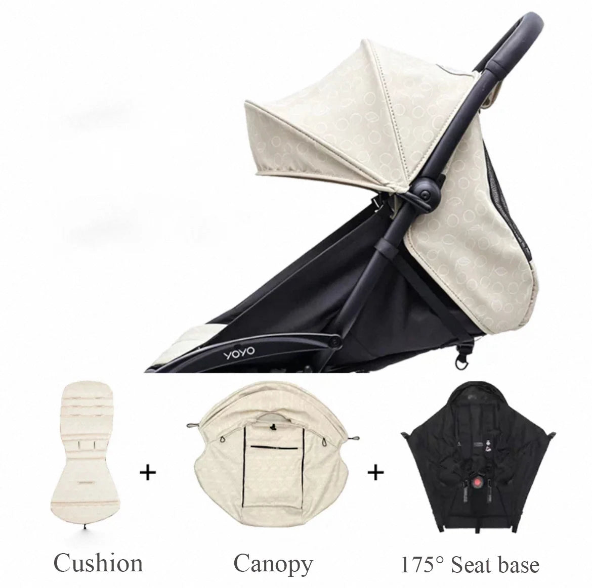 Kit 3 Pièces Accessoires Poussette YOYO/Yoya – Canopy 175° + Housse Siège + Matelas Ajustable Anti-UV