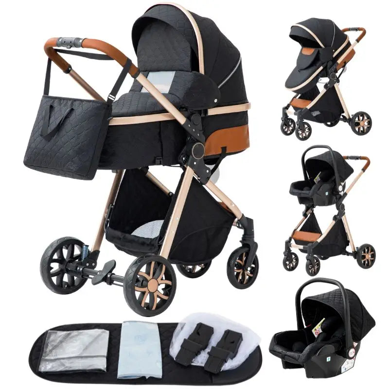 Poussette Bébé 3 en 1 Pliable Aluminium – Haute Vue, Nacelle & Siège, Voyage Compact | Nouveau-Né & Nourrisson