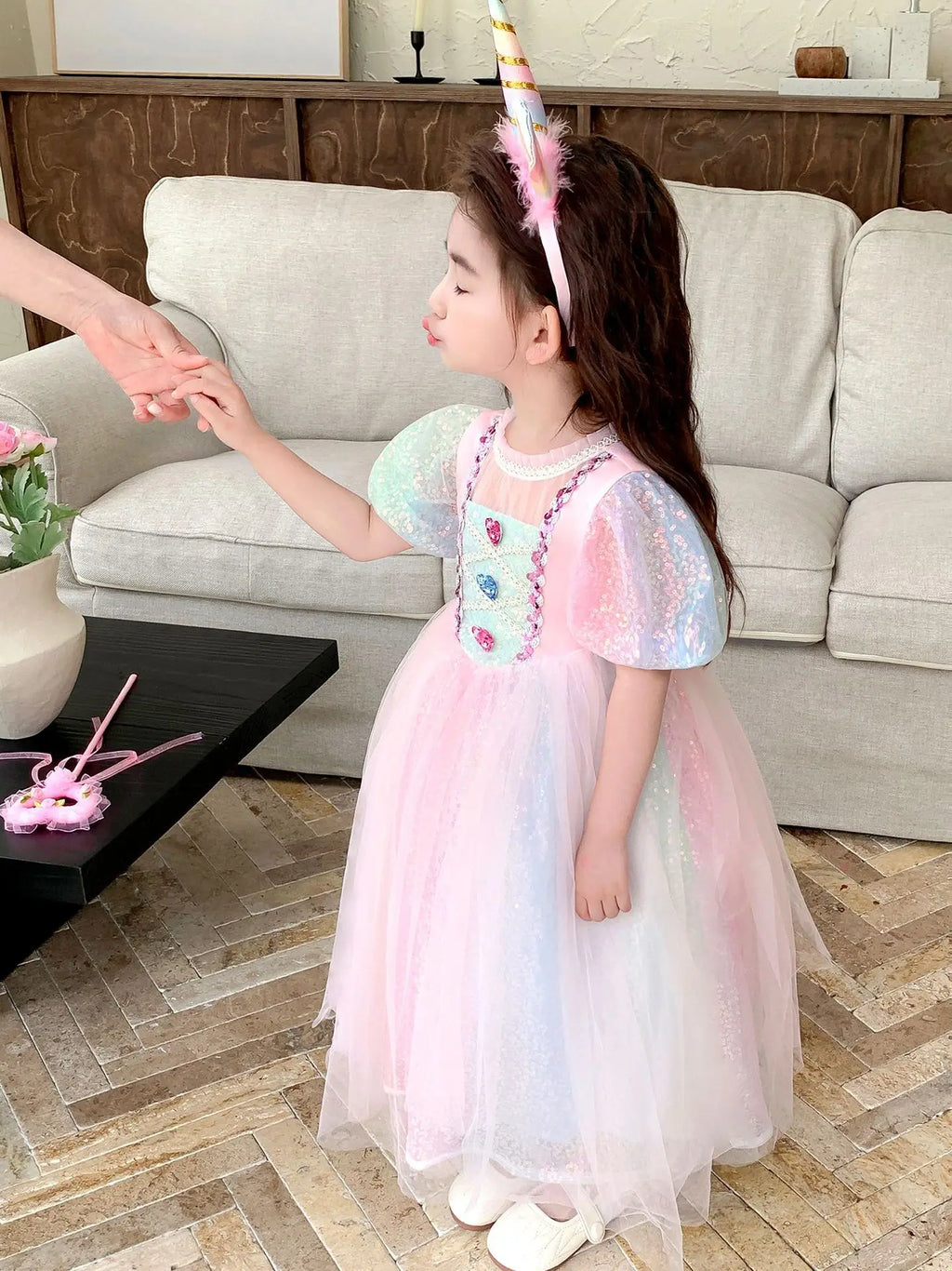 Meerjungfrau Prinzessin Kleid Mädchen Pailletten Perlen Puffärmel – Faschingskostüm Halloween Cosplay