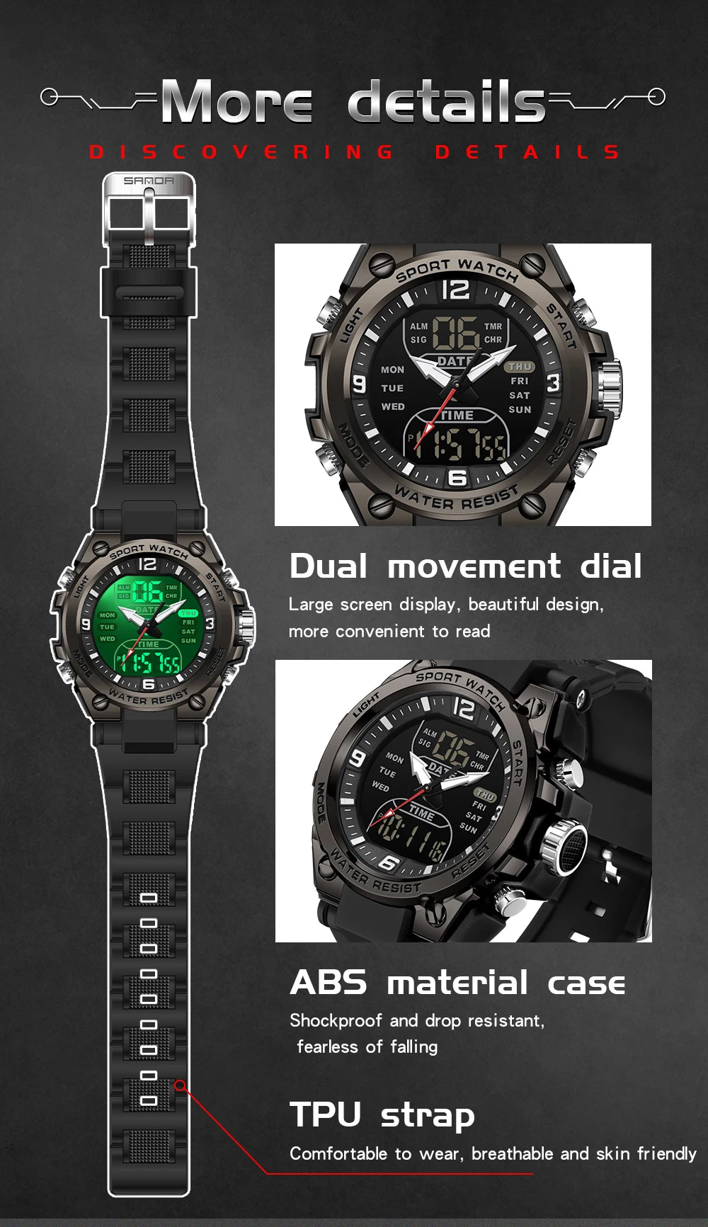 Montre Homme SANDA Militaire Tactique G-Style – LED Digital Quartz Étanche 50M Sport Luxe