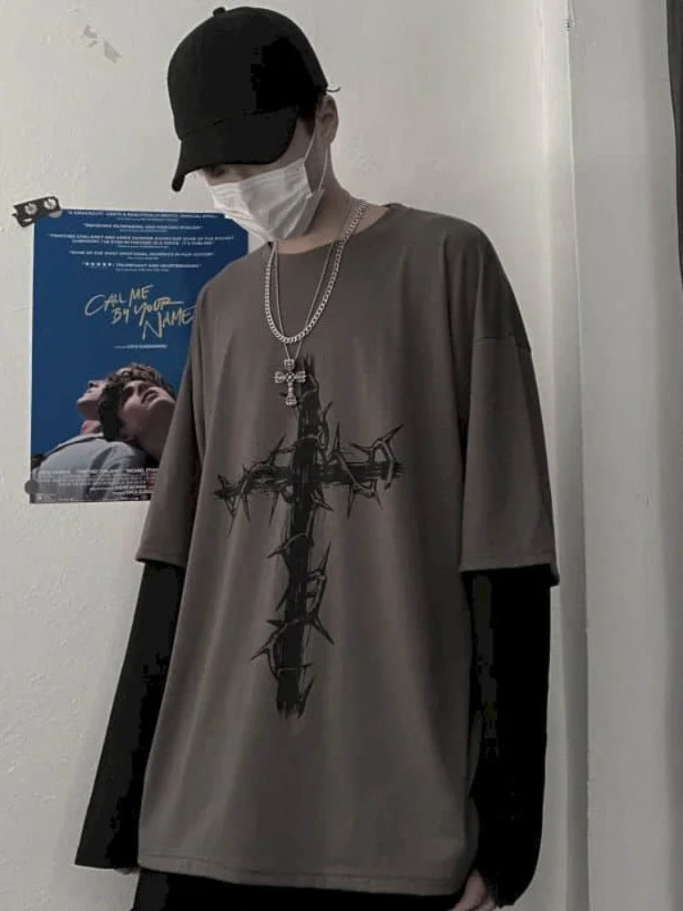 T-Shirt Homme Oversize Manches Longues Croix d'Épines Dark Hip-Hop Y2K Gothic Streetwear Été Tendance – Tee Graphique Dark Aesthetic Unisexe | Mode Streetwear Premium