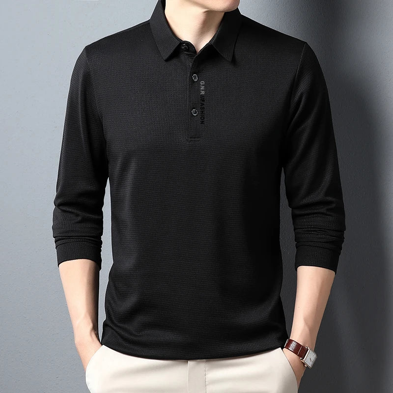 Polo Homme Manches Longues Texture Gaufrée Waffle Col Reversé Lettres Imprimées Casual Tendance – Top Polo Texturé Élégant Streetwear | Mode Homme Premium
