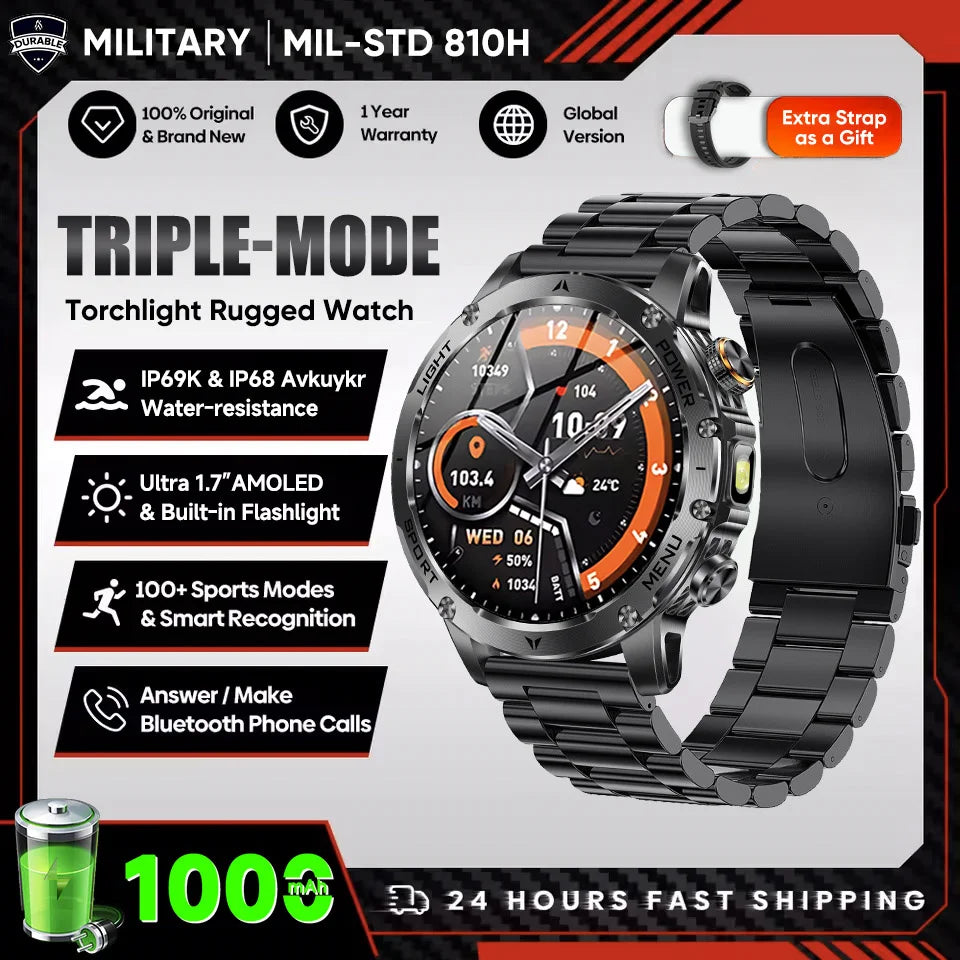 Smartwatch Militaire Homme GPS NFC 3ATM – Montre Connectée Bluetooth 1.7" HD 1000mAh Étanche