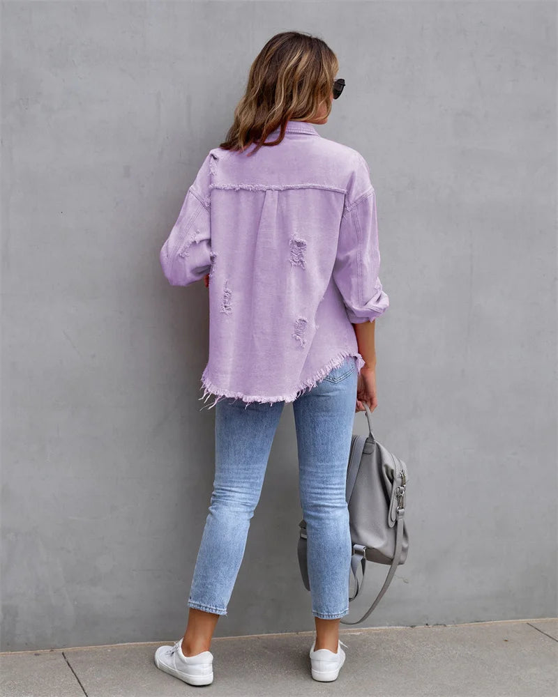 Veste en Jean Femme Bords Bruts Troués – Style Chemise Casual | Printemps Automne Tendance 2025