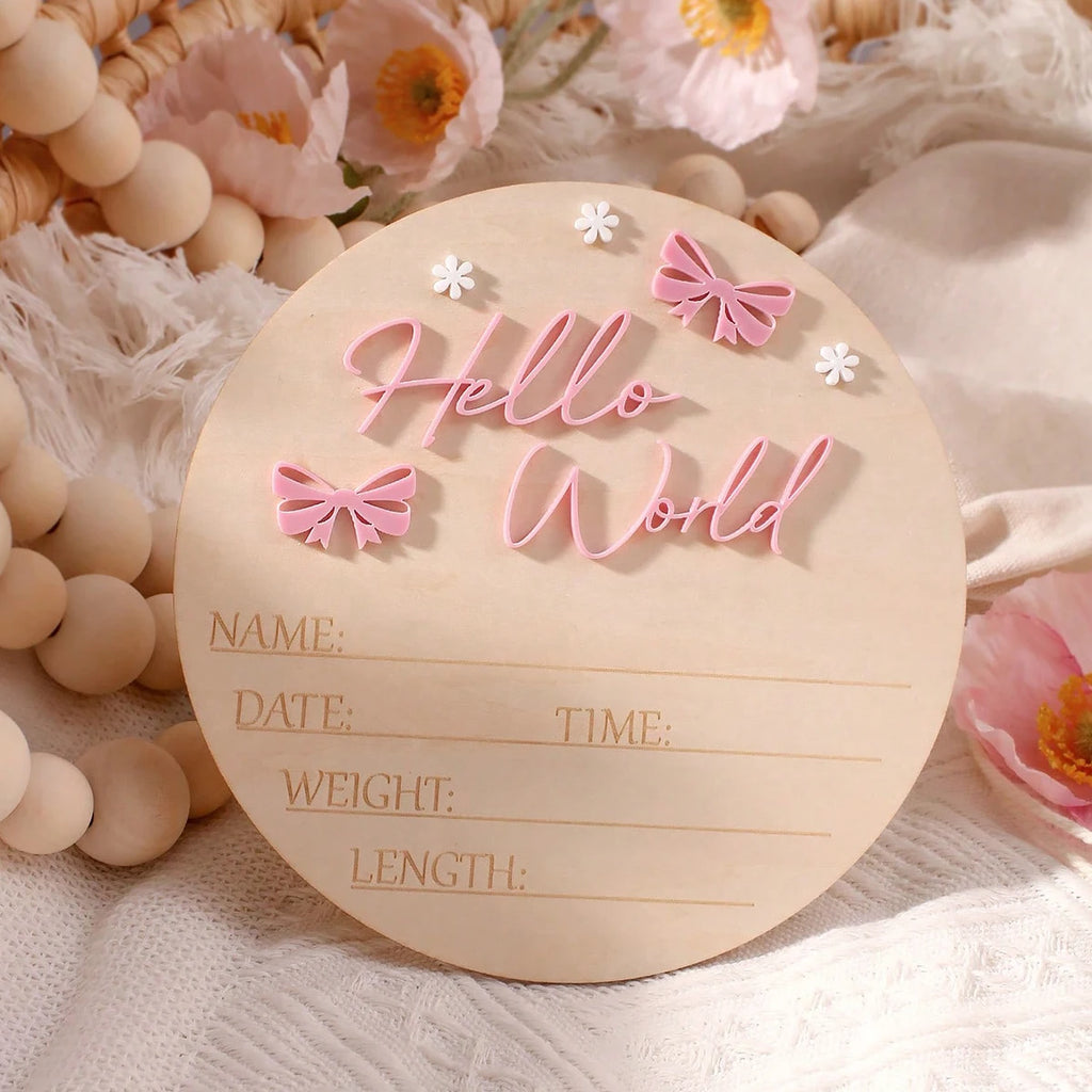 Pancarte Naissance Bébé « Hello World » – Déco Maternité Rose Poudré Papillon Étoile Photo Nouveau-Né