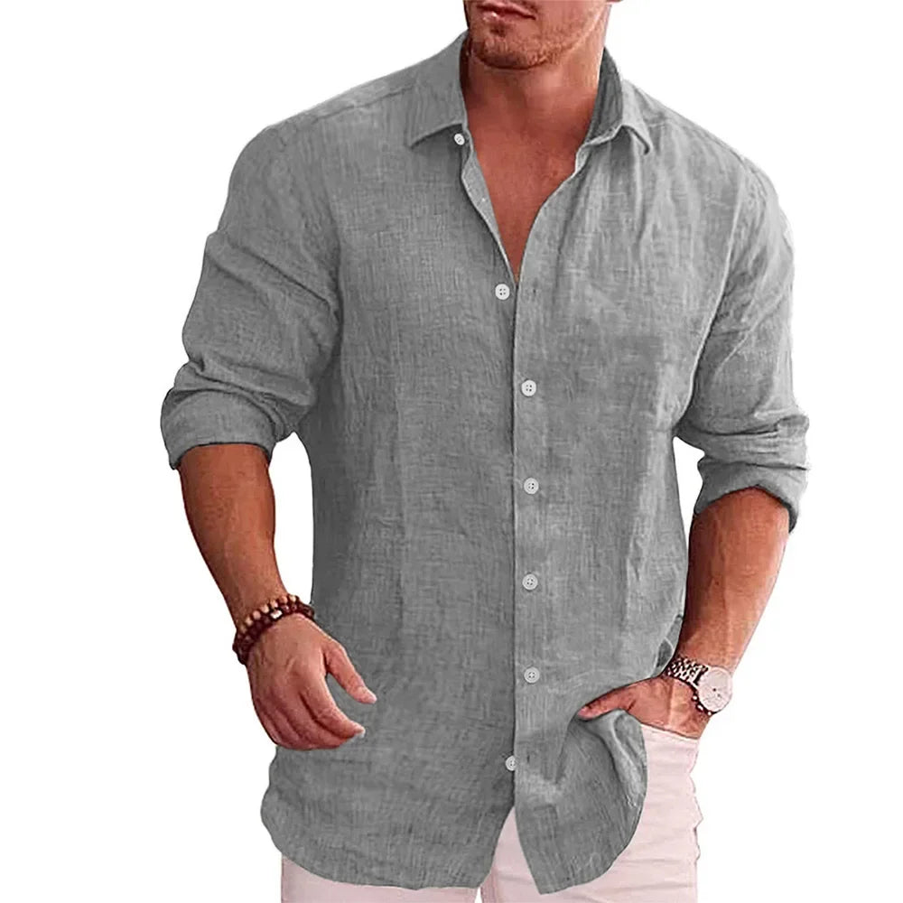 Chemise Homme Lin Coton Manches Longues Couleur Unie Casual Resort Style Polyvalente Automne Élégante Respirante – Chemise Lin Premium Toutes Saisons | Mode Homme Premium
