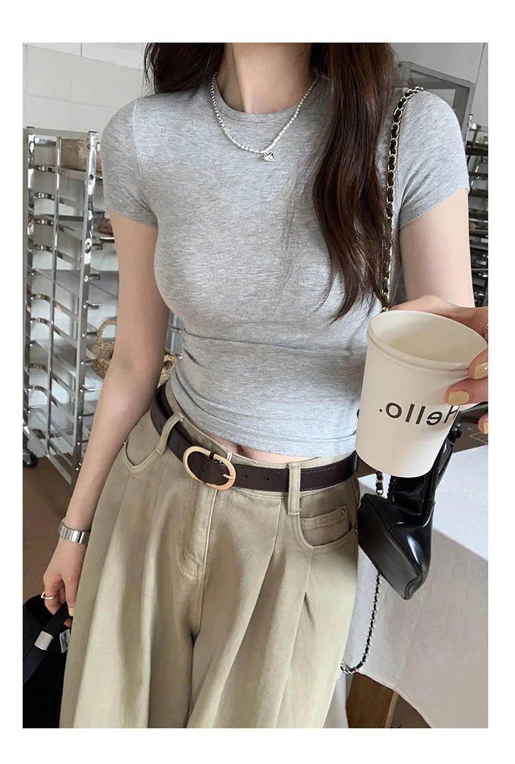Crop Top Basique Uni Femme – Manches Courtes Col Rond Ajusté | Style Y2K Vintage Harajuku Streetwear