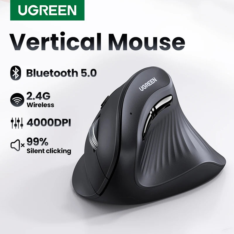 UGREEN Souris Verticale Ergonomique Sans Fil – Bluetooth 5.0 & 2.4G, 4000 DPI, 6 Boutons Silencieux | MacBook, PC & Tablette