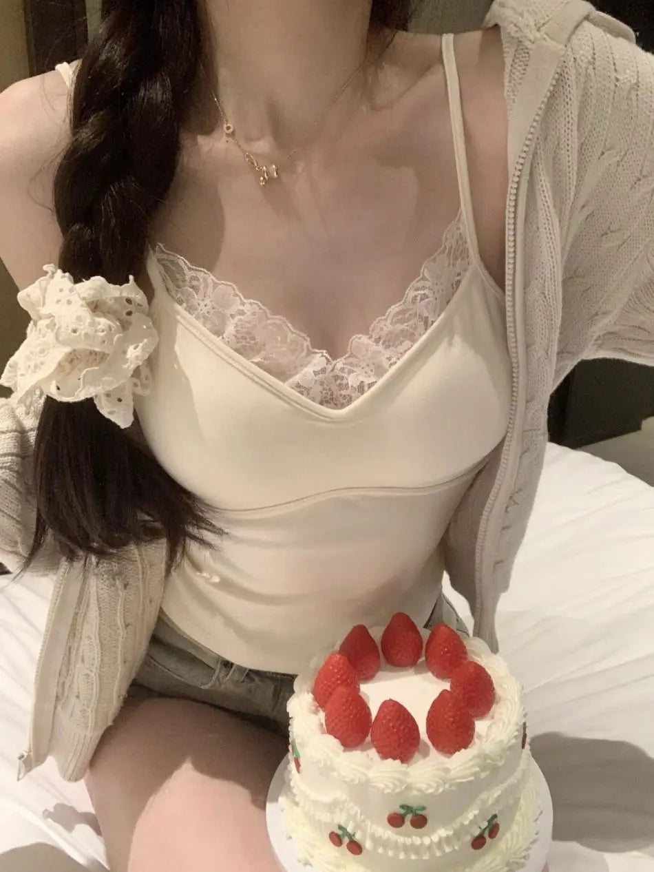 Camisole Dentelle Crop Top Femme Sans Manches – Style Coréen Coquette | Blanc Noir Y2K Été