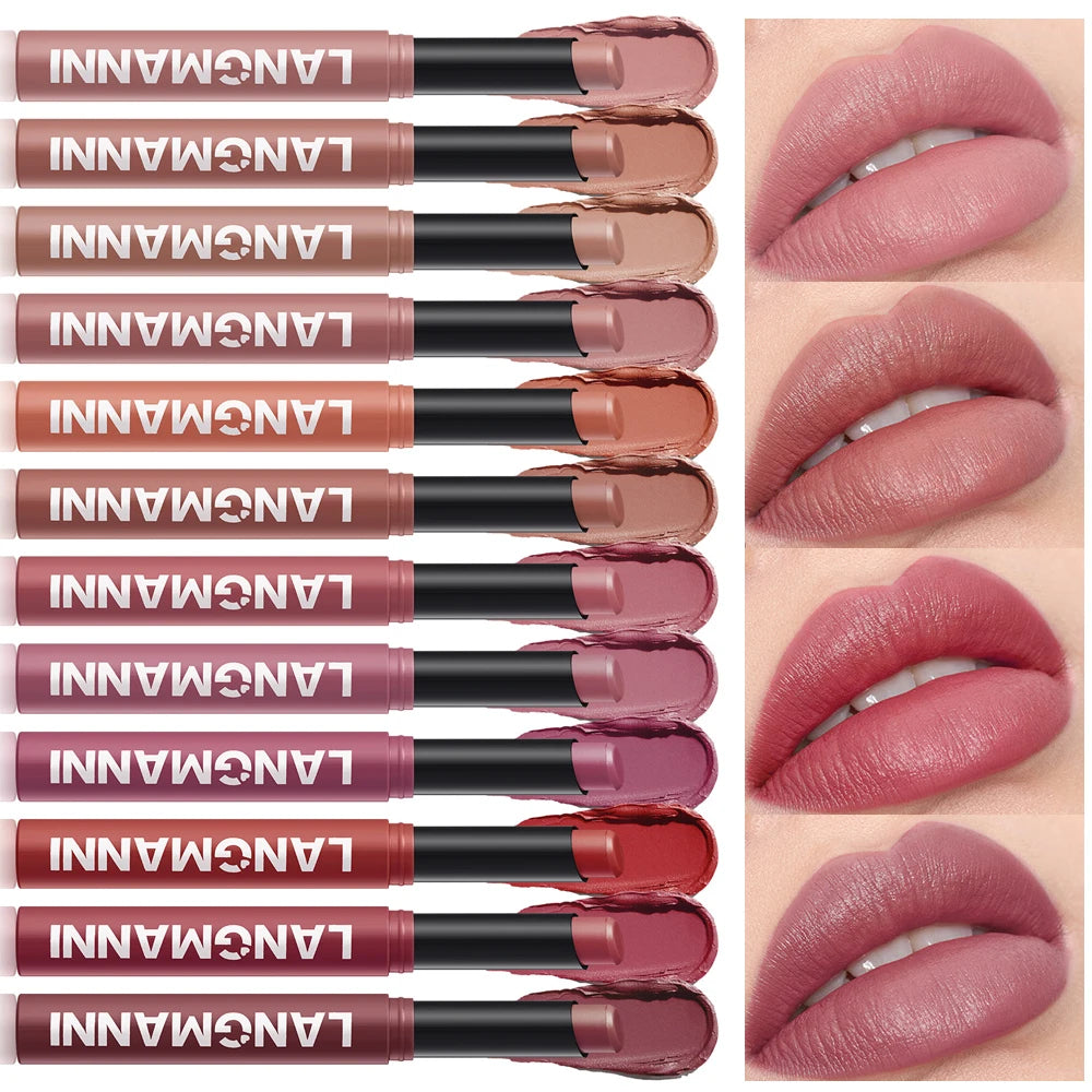 Crayon Lèvres Mat Waterproof 12 Couleurs – Longue Tenue Sans Transfert | Teinture Nude & Lip Stain