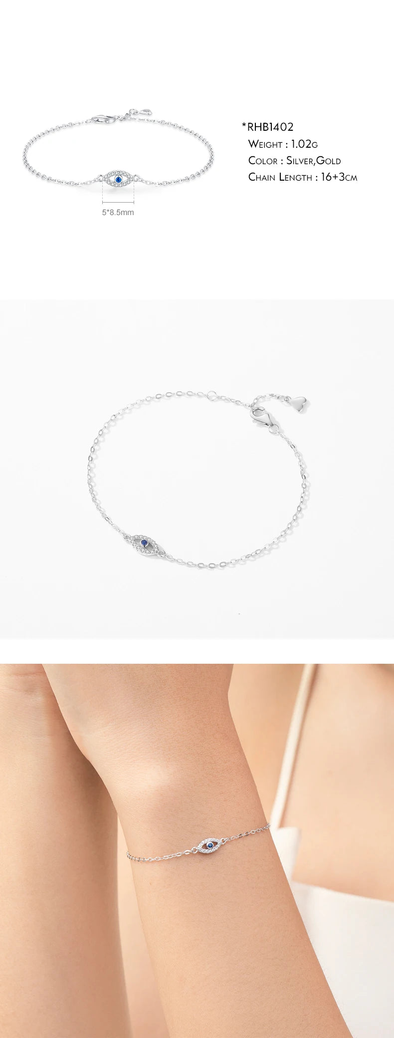 Bracelet Argent 925 Pur MODIAN Luxe – Yeux Turquoise Bleu & Zircon Cubique Cristal Transparent | Bijou Fin Femme Chaîne Maille Élégante & Hypoallergénique