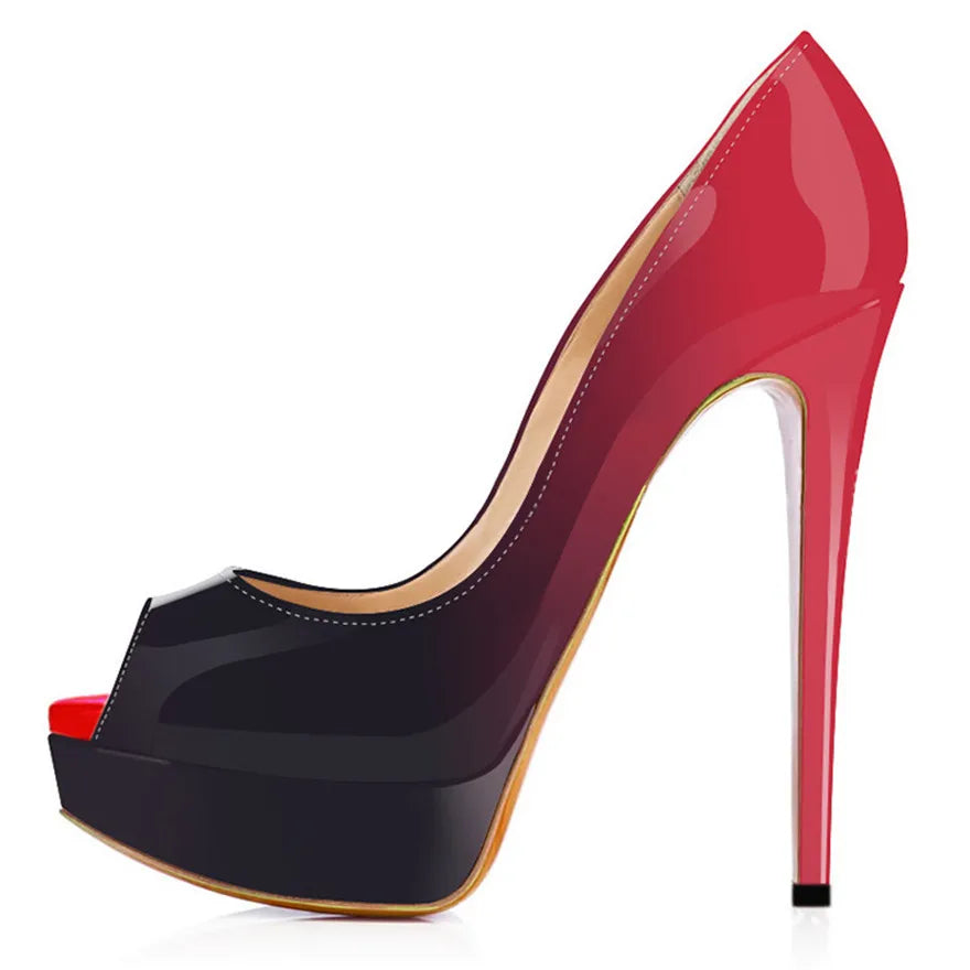 LOSLANDIFEN Escarpins 14CM Plateforme Peep Toe Gradient – Cuir Verni Rouge Mariage Fête