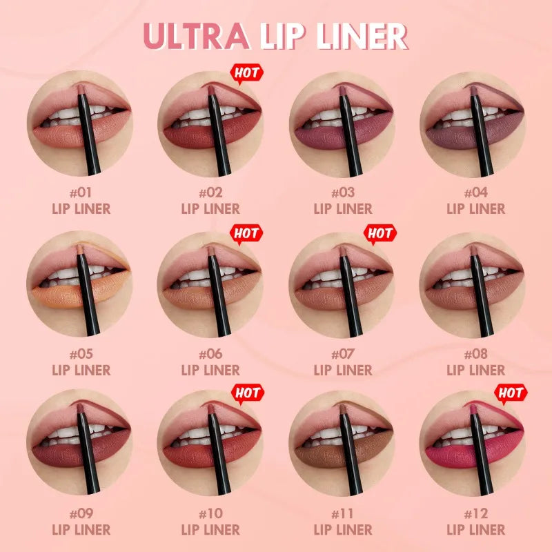 Crayon Lipliner Mat Waterproof – 12 Couleurs Longue Tenue | Contour Lèvres Hydratant