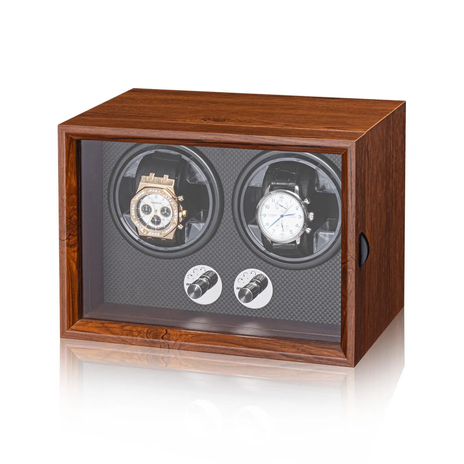 Remontoir Montre Automatique 1/2/4/6 Slots Boîte Bois Moteur Silencieux LED Bleue Vitrine Bijoux Premium | Remontoir Montre Automatique Bois LED Premium