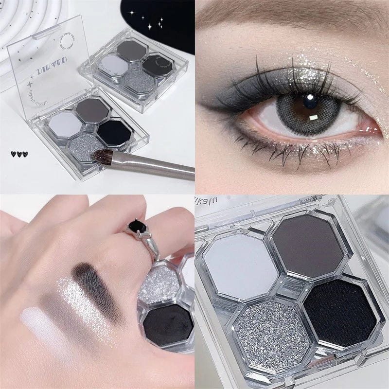 Palette Fard à Paupières 4 Couleurs Black Light Star – Smoky Noir Profond Ciment Sombre | Illuminateur Maquillage Cosmétique