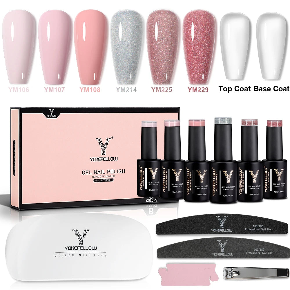YOKEFELLOW Gel Polish Pastel Pink Glitter 6pcs – Vernis Semi-Permanent Été DIY Salon 10ML