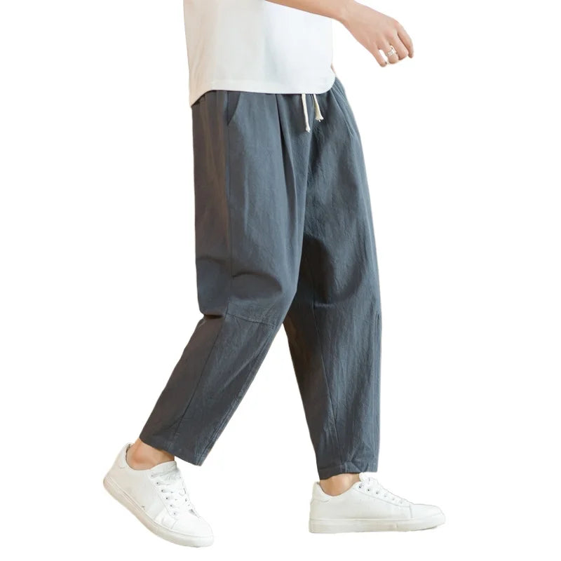 Pantalon Homme Lin Coton Casual Couleur Unie Respirant Loose Straight Baggy Léger – Cordon Streetwear Sport | Mode Homme Confort