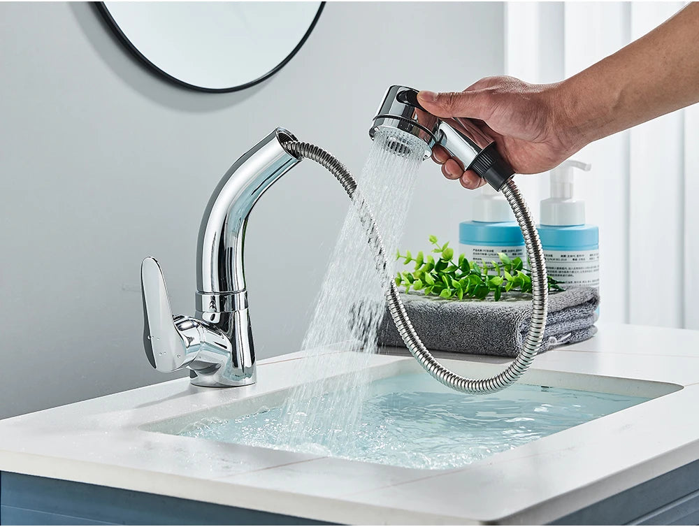 POIQIHY Robinet Lavabo Extractible Noir – Mitigeur Chaud Froid, Rotation 360°, Bec Relevable | Chrome & Noir Salle de Bain